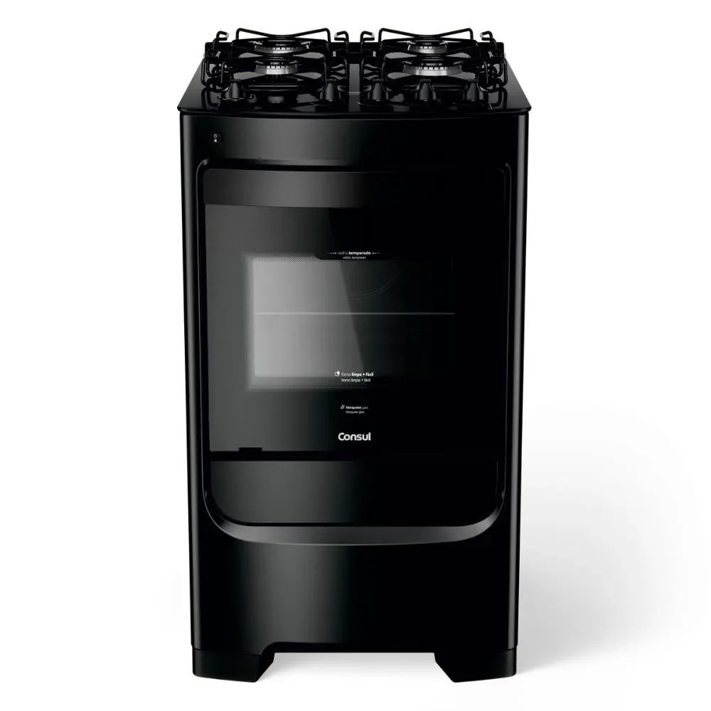 Fogão de Piso a Gás 4 Bocas Consul CFO4VBEUNA Mesa Vidro Temperado Preto Forno 58L Bivolt