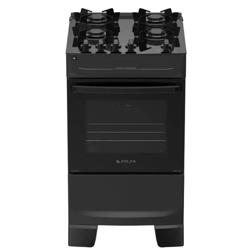 Fogão 4 Bocas Piso Gás GLP Atlas Monaco Top Glass Mesa Vidro Temperado Acendimento Automático Preto Bivolt