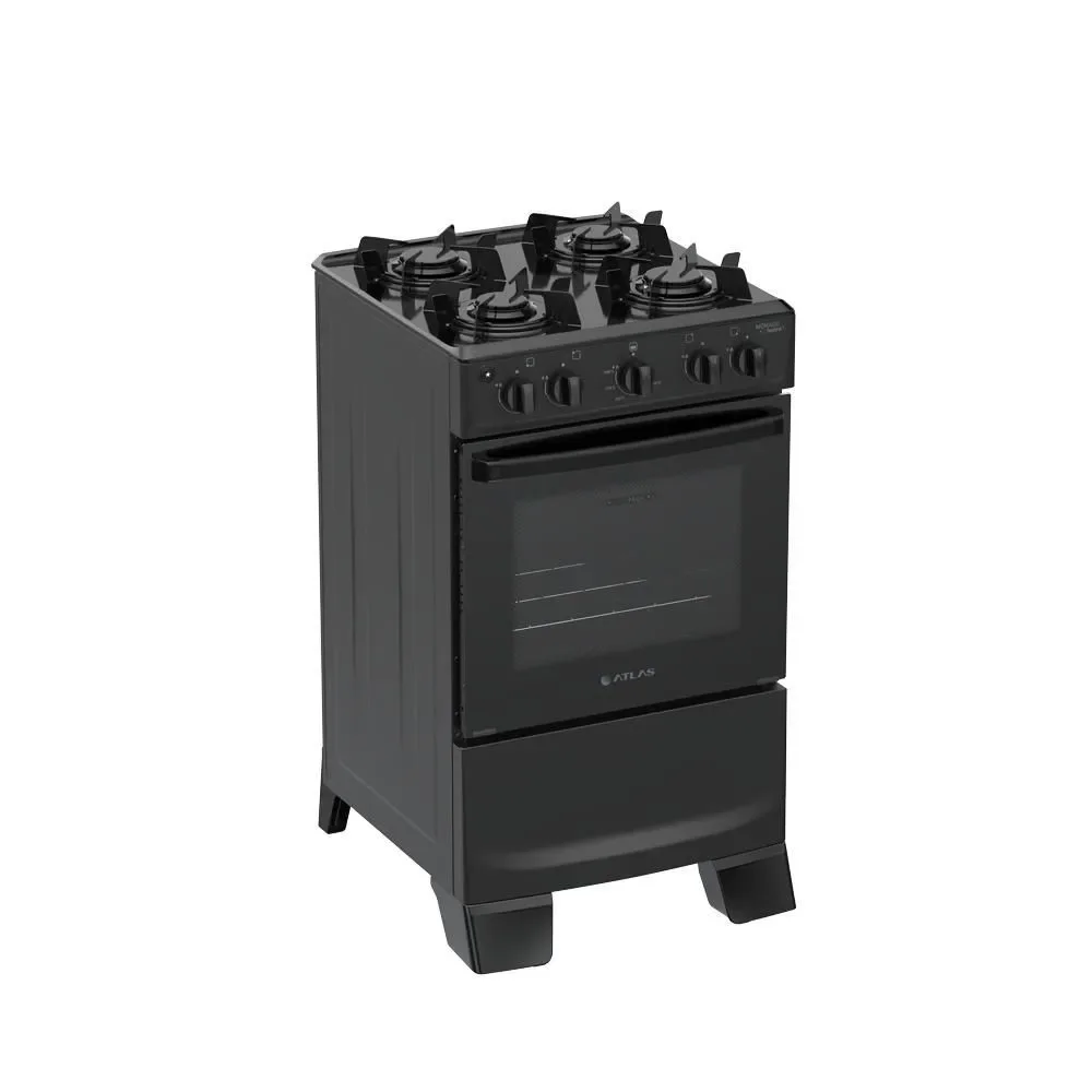 Fogão de Piso 4 Bocas a Gás Atlas Mônaco Lustro Mesa Esmaltada Acendimento Automático Preto Bivolt