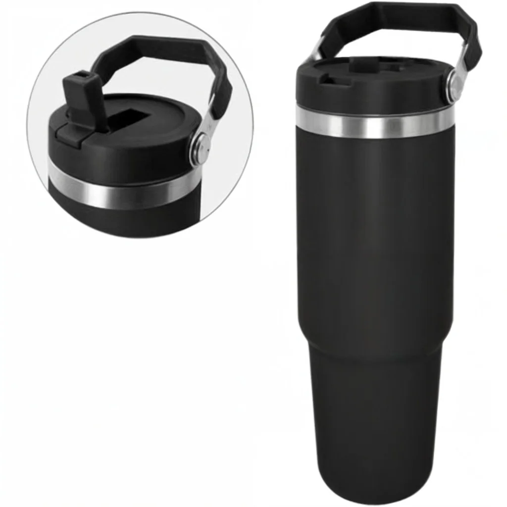 Personalizado - Garrafa Flip Straw Tumbler com Alça Superior e Canudo (900ml) - Preto