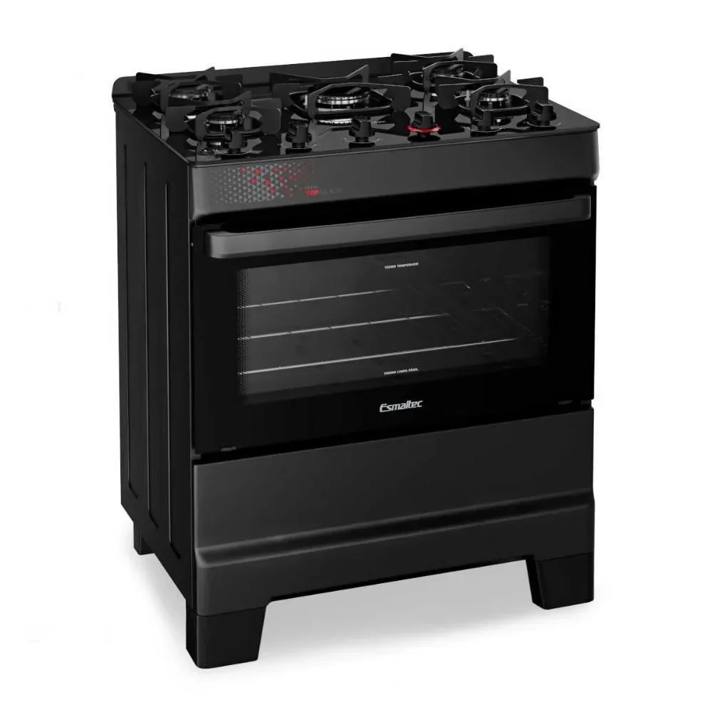 Fogão a Gás de Piso 5 Bocas Esmaltec Ideal Top Glass T5VAP Mesa de Vidro Temperado Acendimento Automático Preto Bivolt