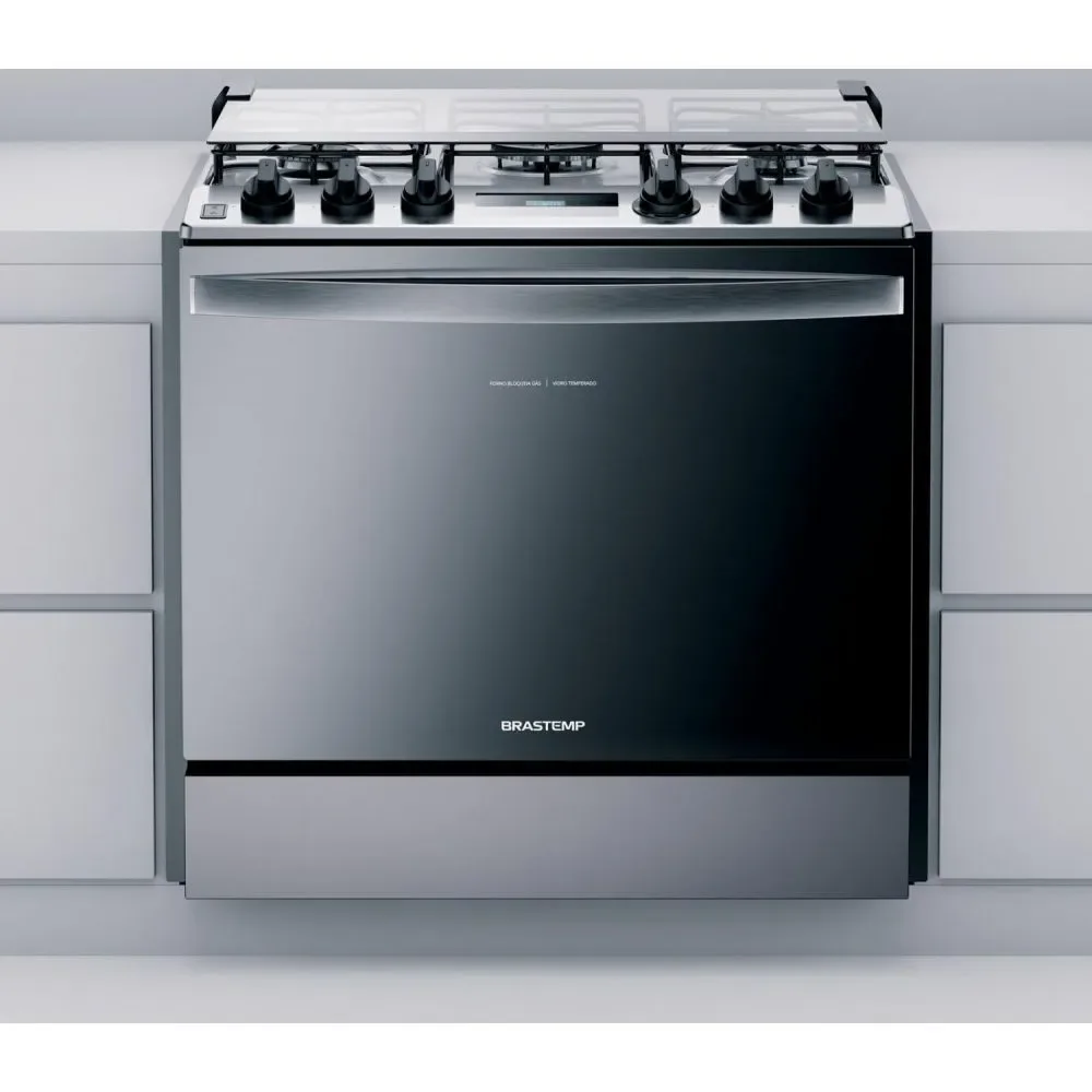 Fogão de Embutir 5 Queimadores a Gás Brastemp BYS5PCRUNA Mesa Inox Forno 96L Bivolt