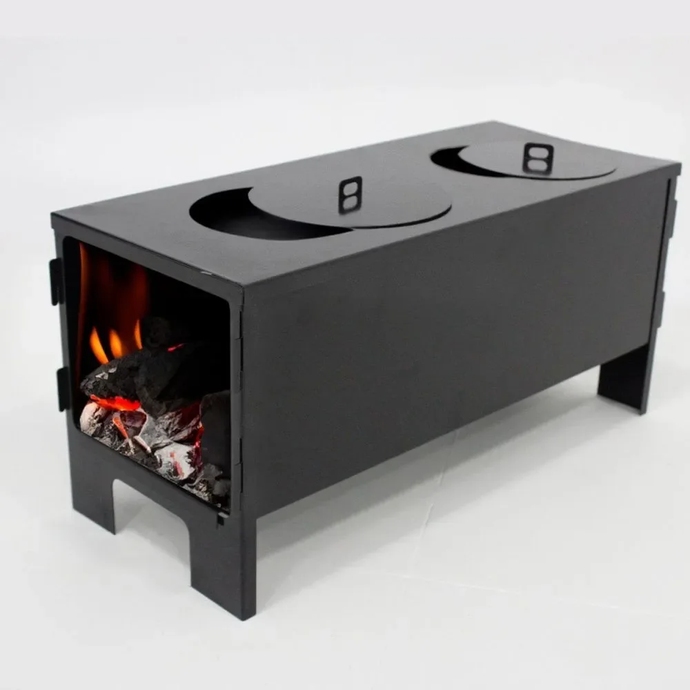 Mini Fogão a Lenha Camping 2 Bocas Nossa Kasa em Alumínio Fundido e Aço Preto 48,5x20,5x23,5cm