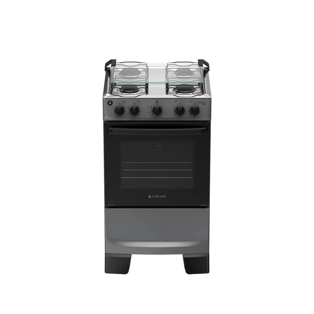 Fogão de Piso 4 Bocas a Gás Atlas Mônaco Plus Mesa Inox Acendimento Automático Titânio Bivolt