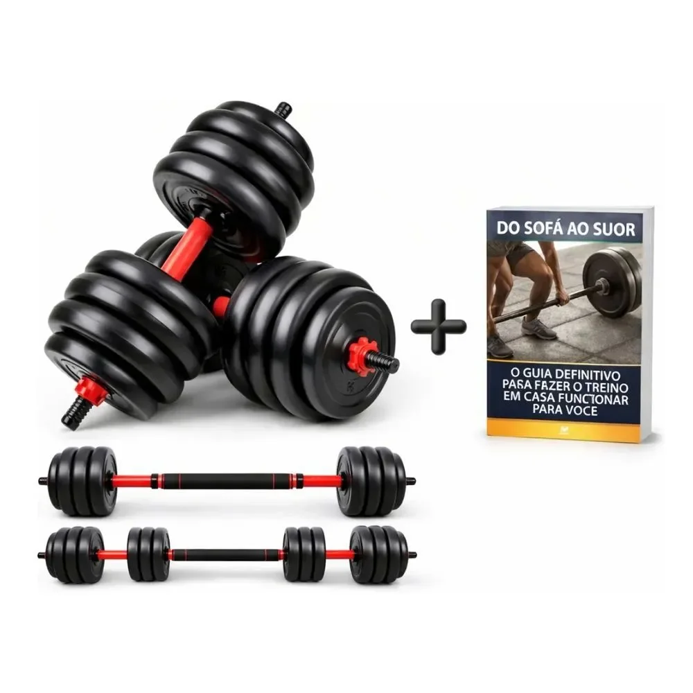 Kit Halteres 6 em 1 Ajustável Até 30kg Musculação com Barra Anilha Kettlebell e-book