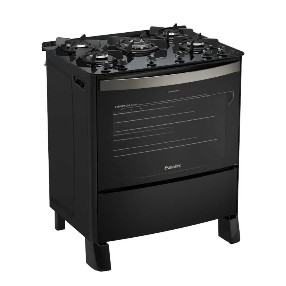 Fogão a Gás de Piso 5 Bocas Esmaltec Esmeralda Glass Mesa de Vidro Temperado Acendimento Automático Preto Bivolt