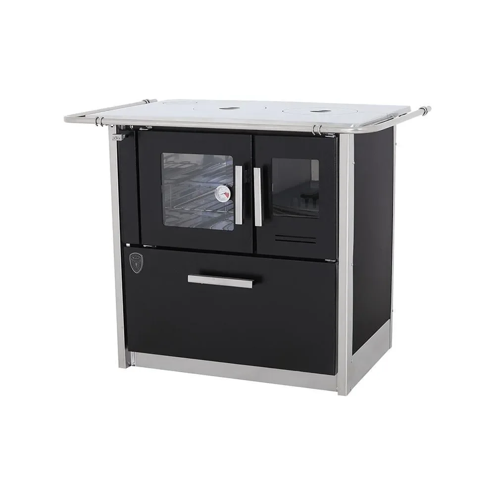 Fogão a Lenha Fornos Pinhal Eclipse Esquerdo Preto Chapa Aluminio N2 com Forno Inox e Caixa