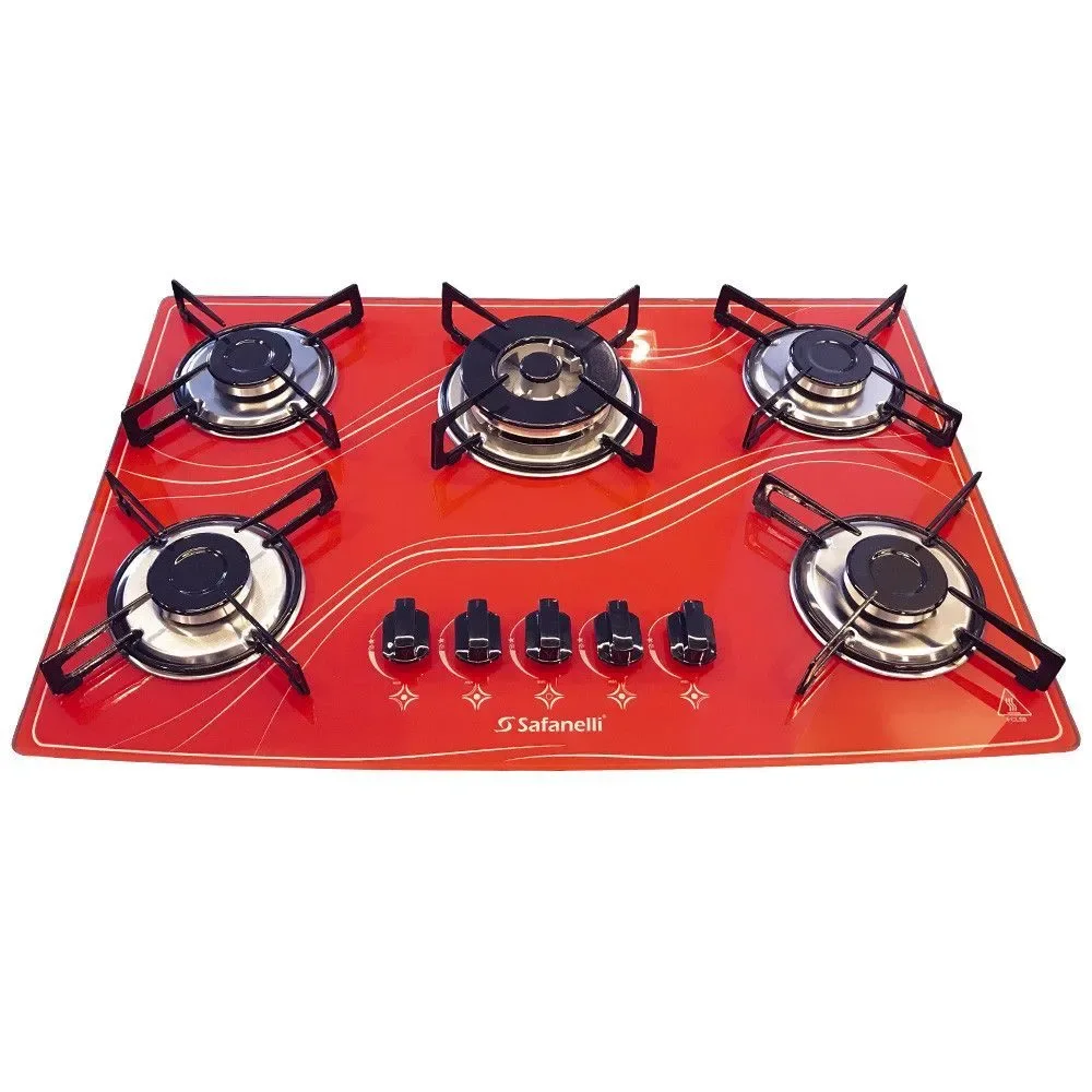 Fogão Cooktop Gás Safanelli TRI500 5 Bocas Vidro Temperado Tripla Chama Vermelho Bivolt