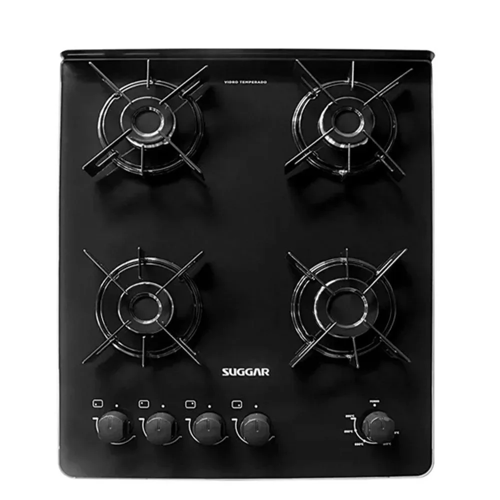 Fogão 4 Bocas Piso Gás GLP Suggar Neo Glass Mesa Vidro Temperado Acendimento Automático Preto Bivolt