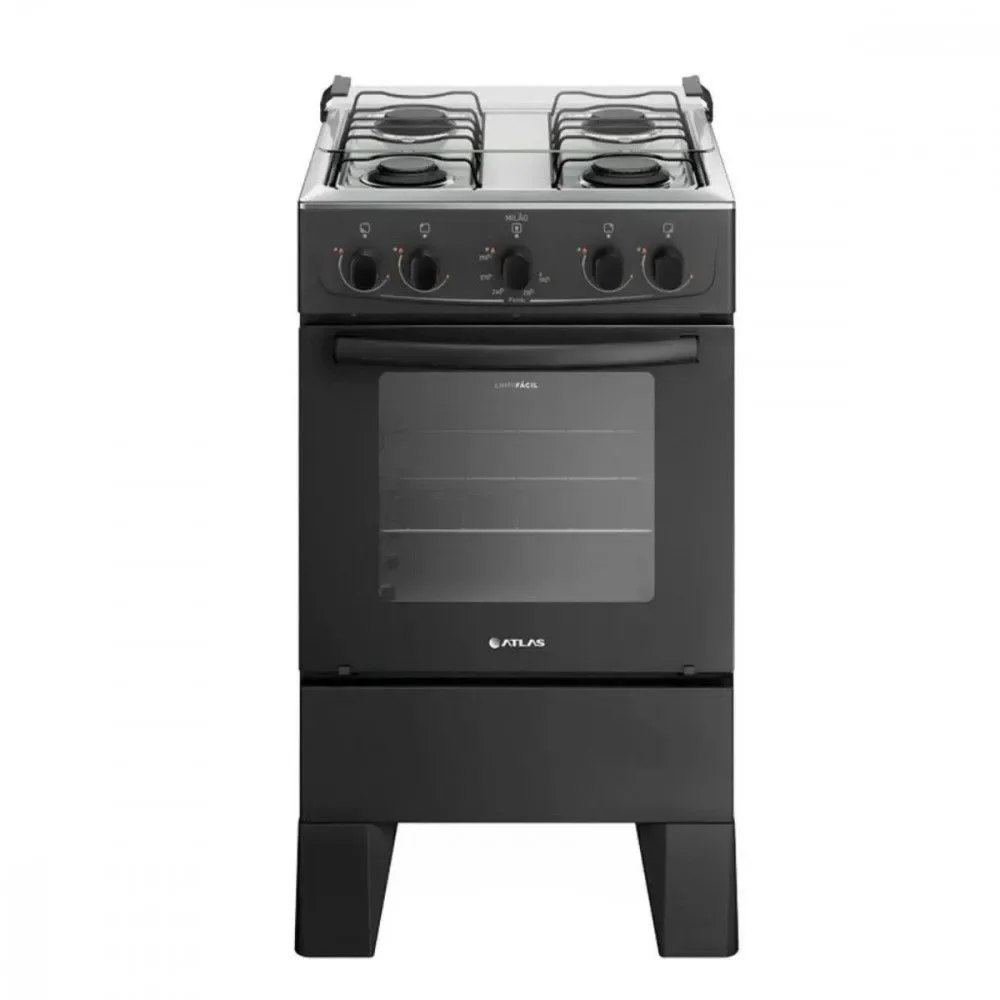 Fogão 4 Bocas Preto Com Mesa Inox Atlas Milão