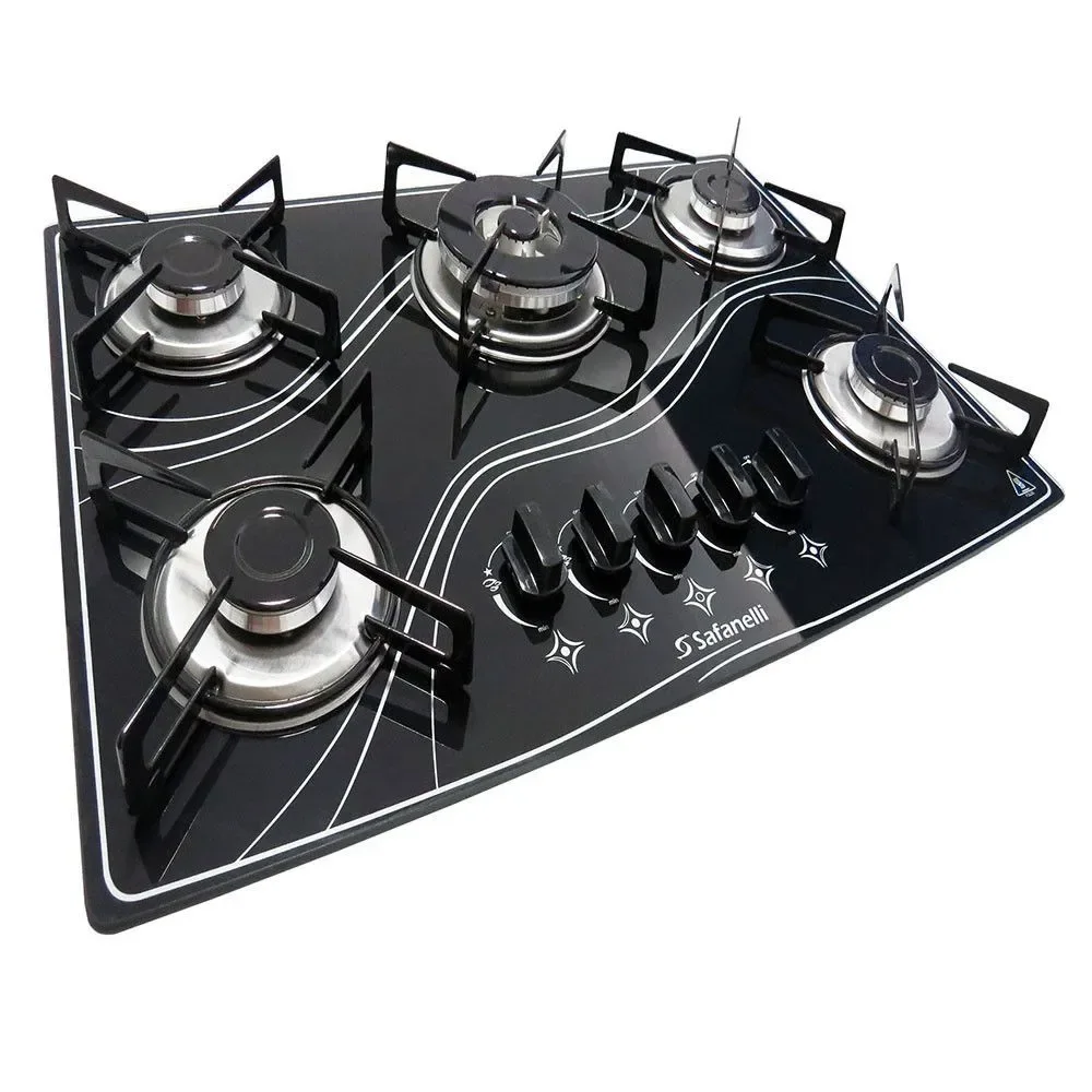 Fogão Cooktop a Gás Safanelli TRI500 5 Bocas Vidro Temperado Tripla Chama Embutido Preto Bivolt