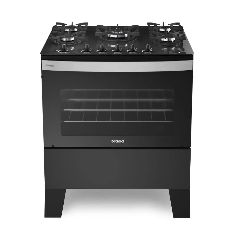 Fogão Piso 5 Bocas GLP Itatiaia Itaglass Plus Vidro Temperado Automático Preto Bivolt
