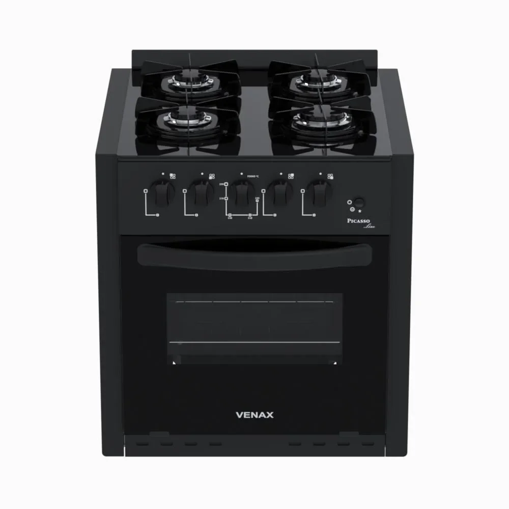 Fogão de Embutir 4 Bocas a Gás GLP Venax PCEL450 Mesa de Vidro Temperado Acendimento Automático Preto Fosco Bivolt