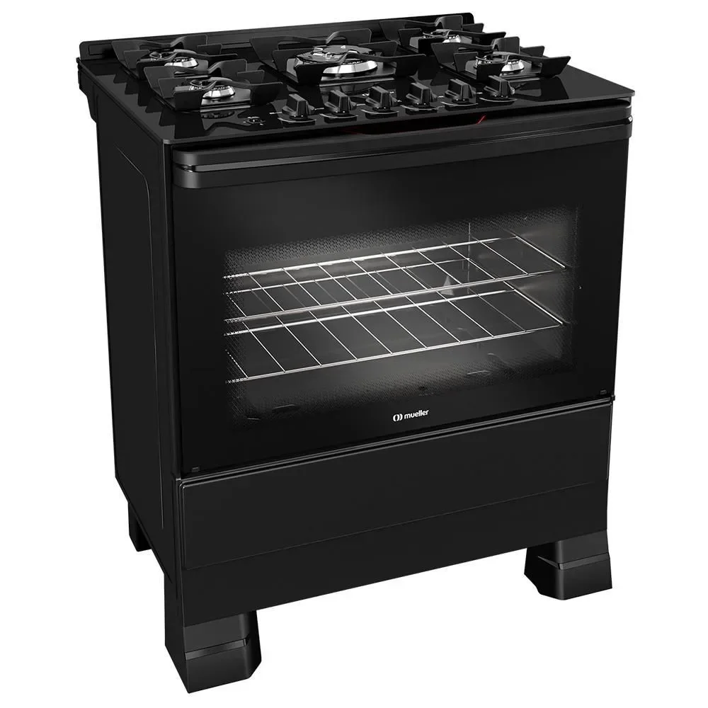 Fogão de Piso 5 Bocas a Gás Mueller MFV5BF Mesa de Vidro Temperado Acendimento Automático Preto Bivolt