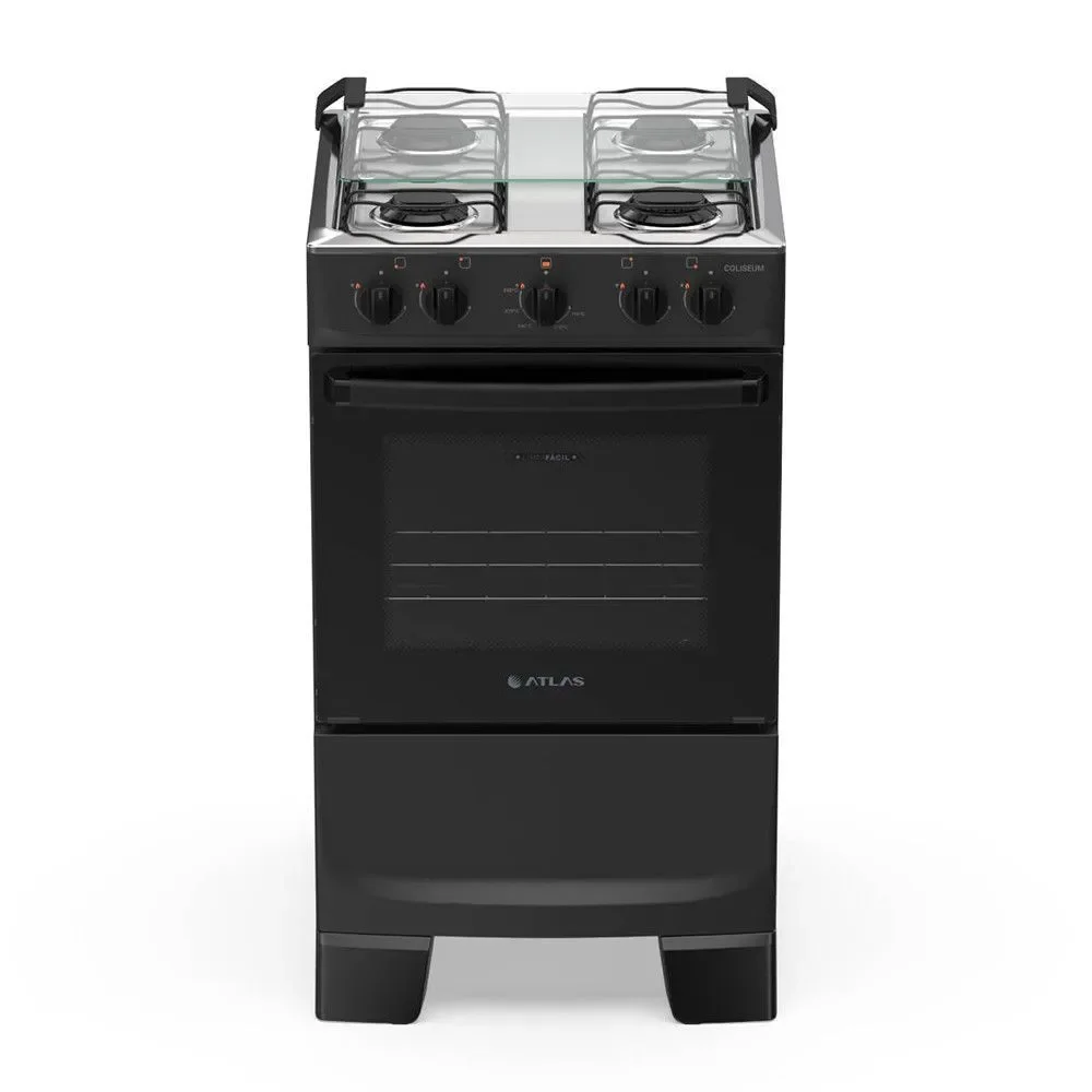 Fogão 4 Bocas Piso Atlas Coliseum Plus Mesa Inox Acendimento Automático Preto Bivolt