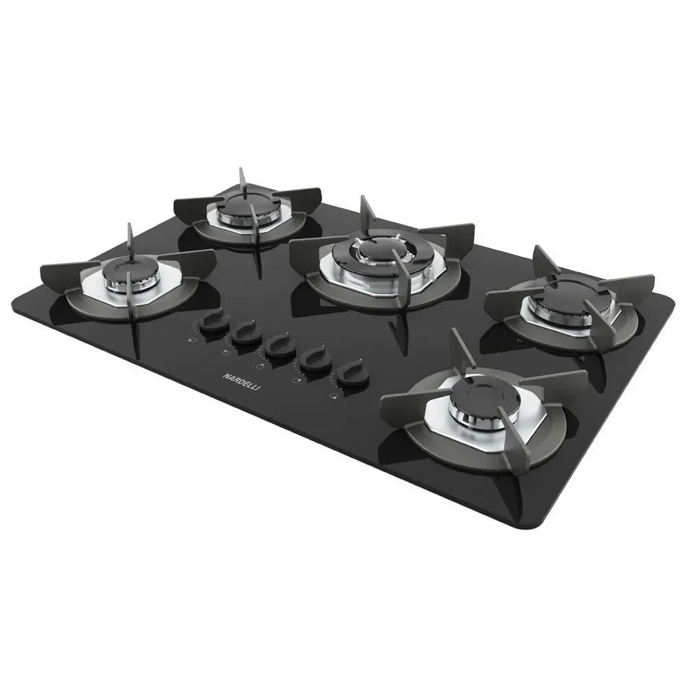 Fogão Cooktop Gás Nardelli SAFE5D 5 Bocas Vidro Temperado Tripla Chama Ferro Fundido Preto Bivolt