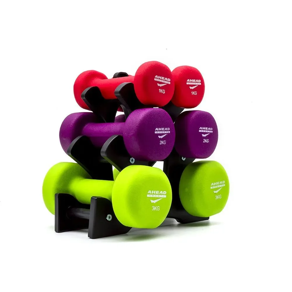 Kit de Halteres Neoprene com Suporte 3 Pares 1kg 2kg 3kg para Treino em Casa e Academia Ahead Sports