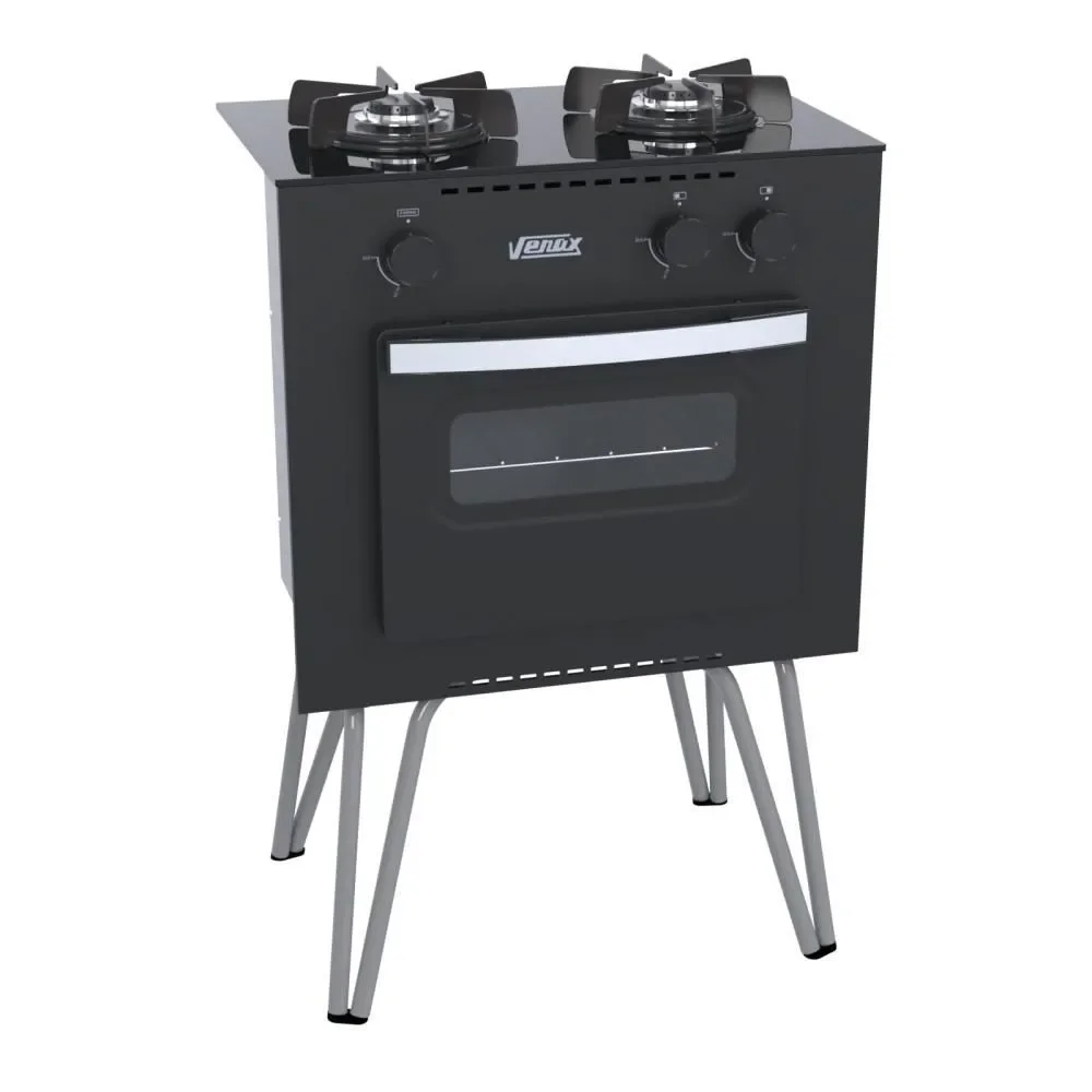 Fogão 2 Bocas Portátil Gás GLP Venax Mini Cook GMN200 Preto Fosco com Forno de Bancada