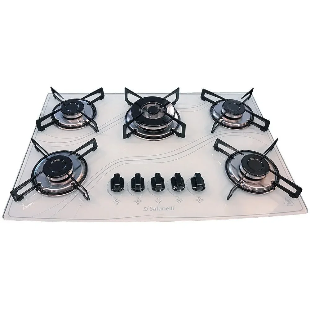 Fogão Cooktop Gás Safanelli TRI500 5 Bocas Vidro Temperado Tripla Chama Branco Acendimento Automático Bivolt