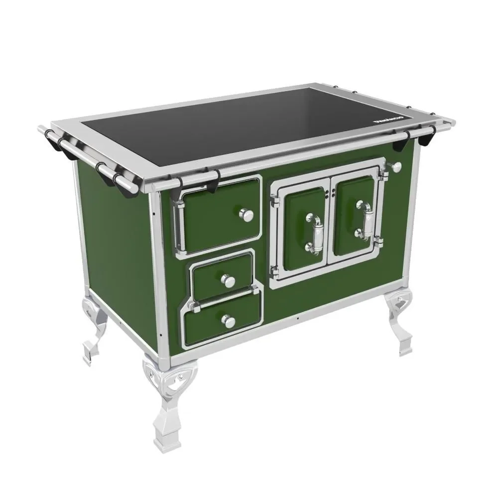 Fogão a Lenha 4 Bocas Tradicional Verde com Chapa Vitrocerâmica Saída Direita Venâncio FL2V com Forno 60L