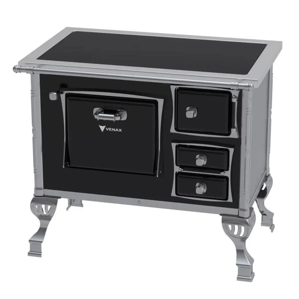 Fogão a Lenha Venax Gii N°1 Premium Preto com Forno Chapa de Vitrocerâmica Saída Lado Esquerdo