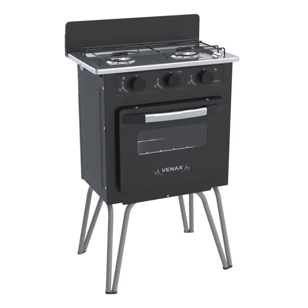 Fogão 2 Bocas Portátil Gás GLP Venax GMV200 Mesa de Vidro Temperado Preto com Forno