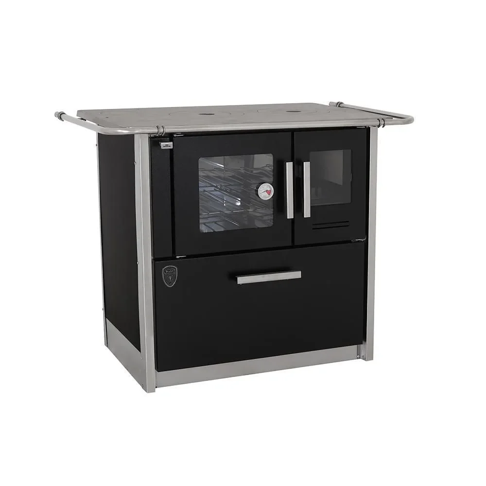 Fogão a Lenha 4 Bocas Fornos Pinhal Eclipse Esquerdo Preto Chapa Ferro Fundido N2 com Forno Inox 60L