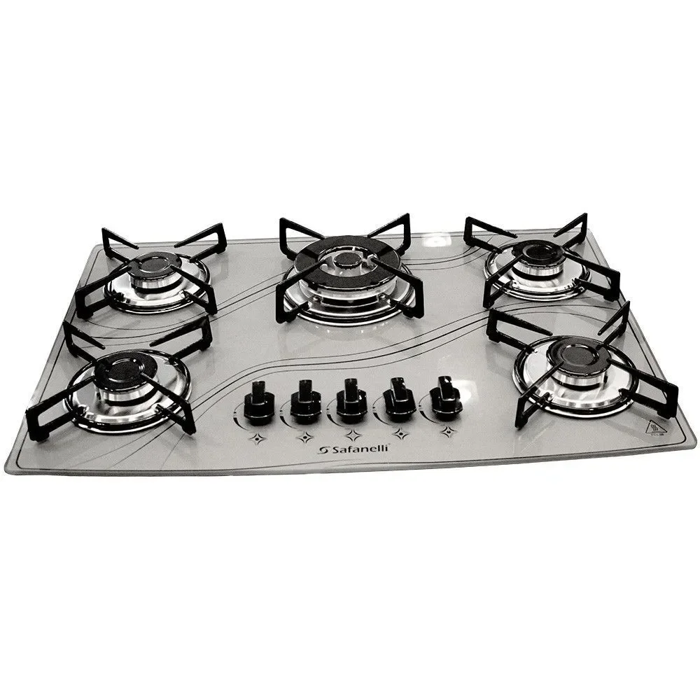 Fogão Cooktop a Gás Safanelli TRI500 5 Bocas Vidro Temperado Tripla Chama Cinza Perolado Bivolt