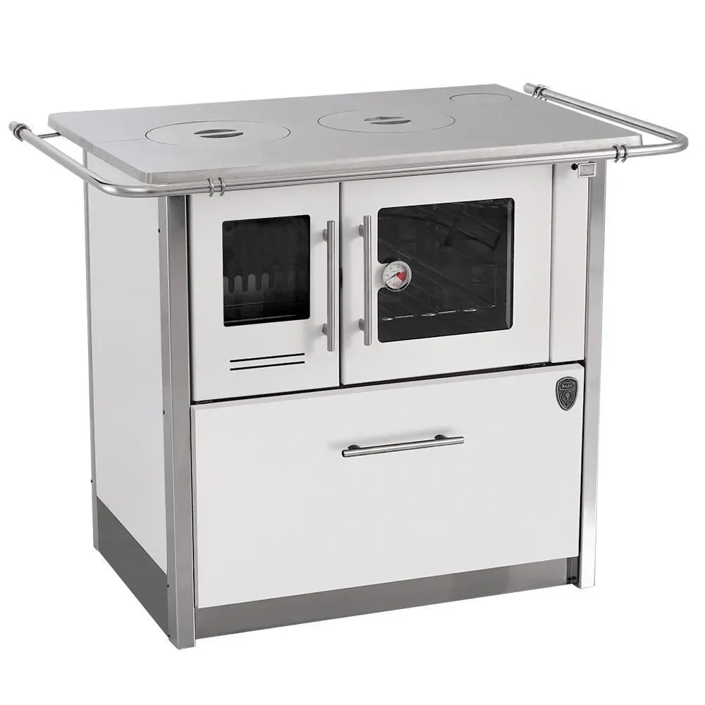 Fogão a Lenha Fornos Pinhal Eclipse Direito Branco Chapa Aluminio N2 com Forno Inox Caixa de Lenha e Termômetro