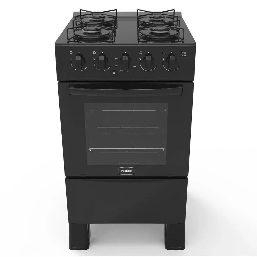 Fogão de Piso a Gás 4 Bocas Glp Realce Eletrodomésticos Cr206 Mesa Vidro Temperado Acendimento Automático Preto Bivolt
