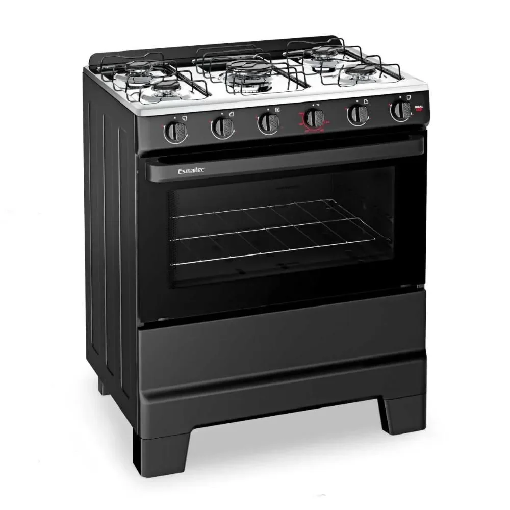 Fogão A Gás 5 Bocas Ideal Pop Preto Mesa Inox F5ISP Esmaltec