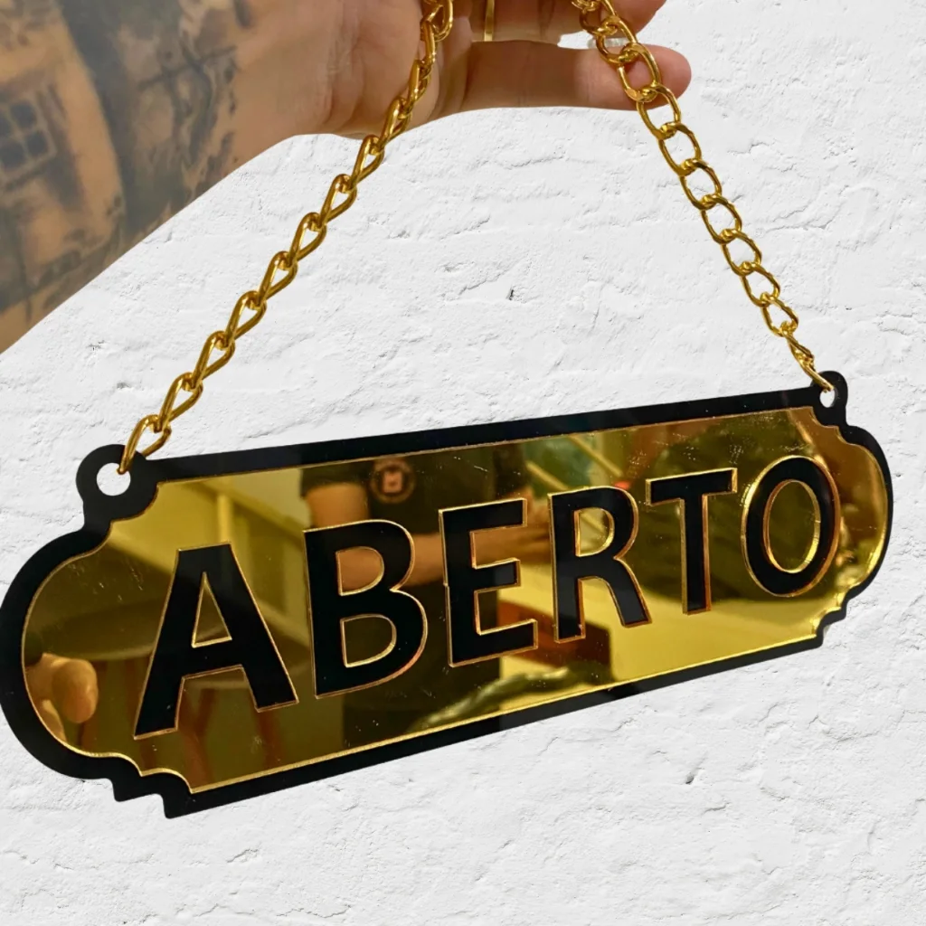 Placa Dupla Face Aberto Fechado Acrílico Espelhado com Corrente e Ventosa