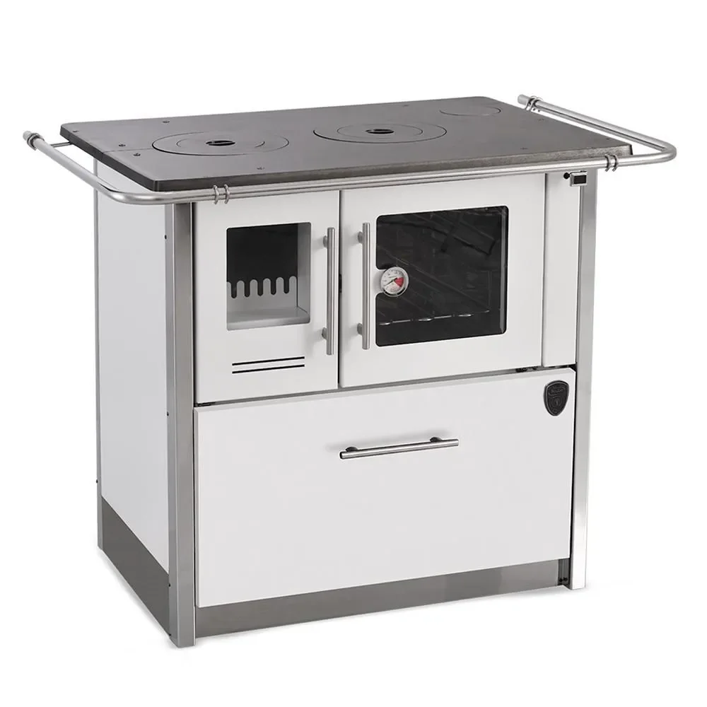 Fogão a Lenha 2 Bocas Fornos Pinhal Eclipse Direito Branco Chapa Ferro Fundido N2 com Forno Inox