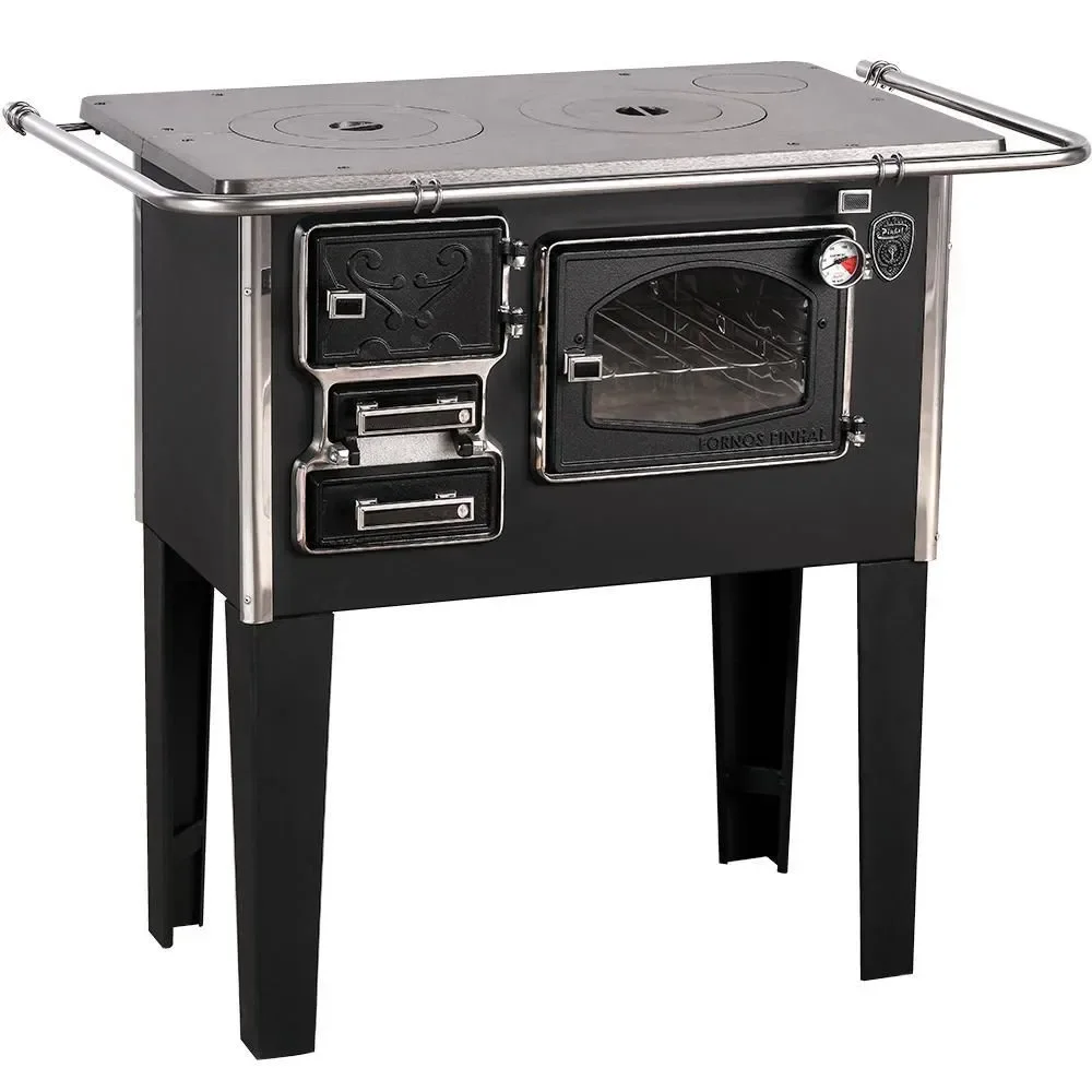 Fogão a Lenha Fornos Pinhal N1 com Forninho Direito Chapa Ferro Fundido Forno Inox Preto