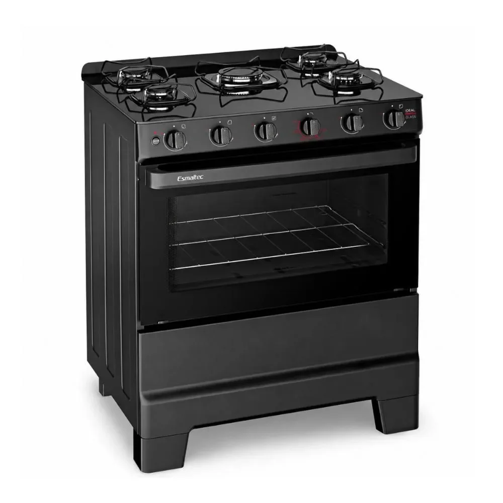 Fogão de Piso 5 Bocas a Gás Esmaltec Ideal Super Glass Mesa de Vidro Temperado Acendimento Automático Preto Bivolt 72CM