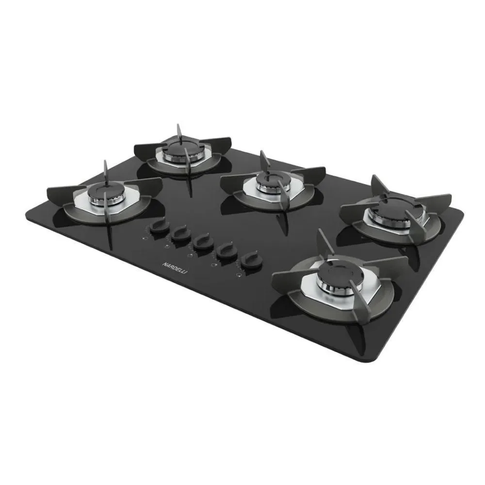 Fogão Cooktop Gás Nardelli Safe5 5 Bocas Vidro Temperado Trempe Ferro Fundido Acendimento Automático Preto Bivolt