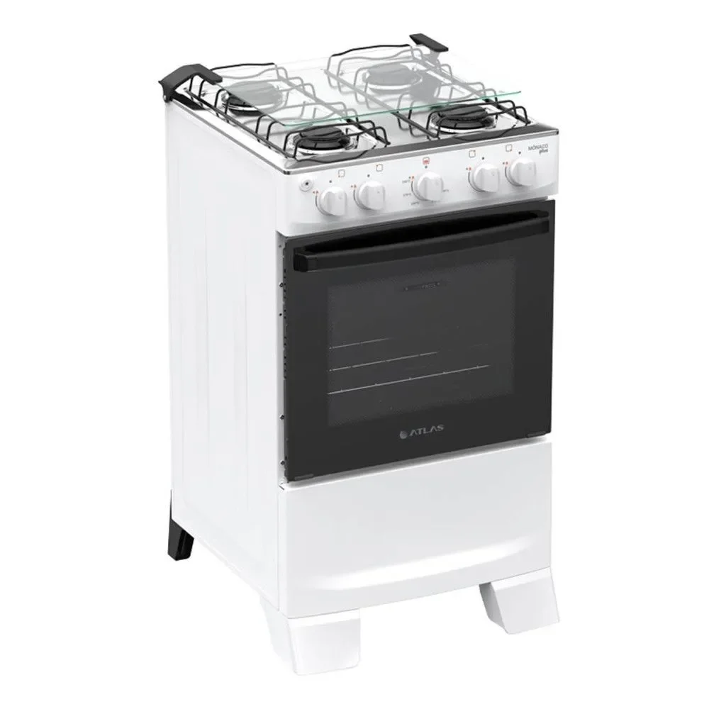 Fogão 4 Bocas com Forno Piso Gás GLP Atlas Mônaco Plus Mesa Inox Acendimento Automático Branco Bivolt