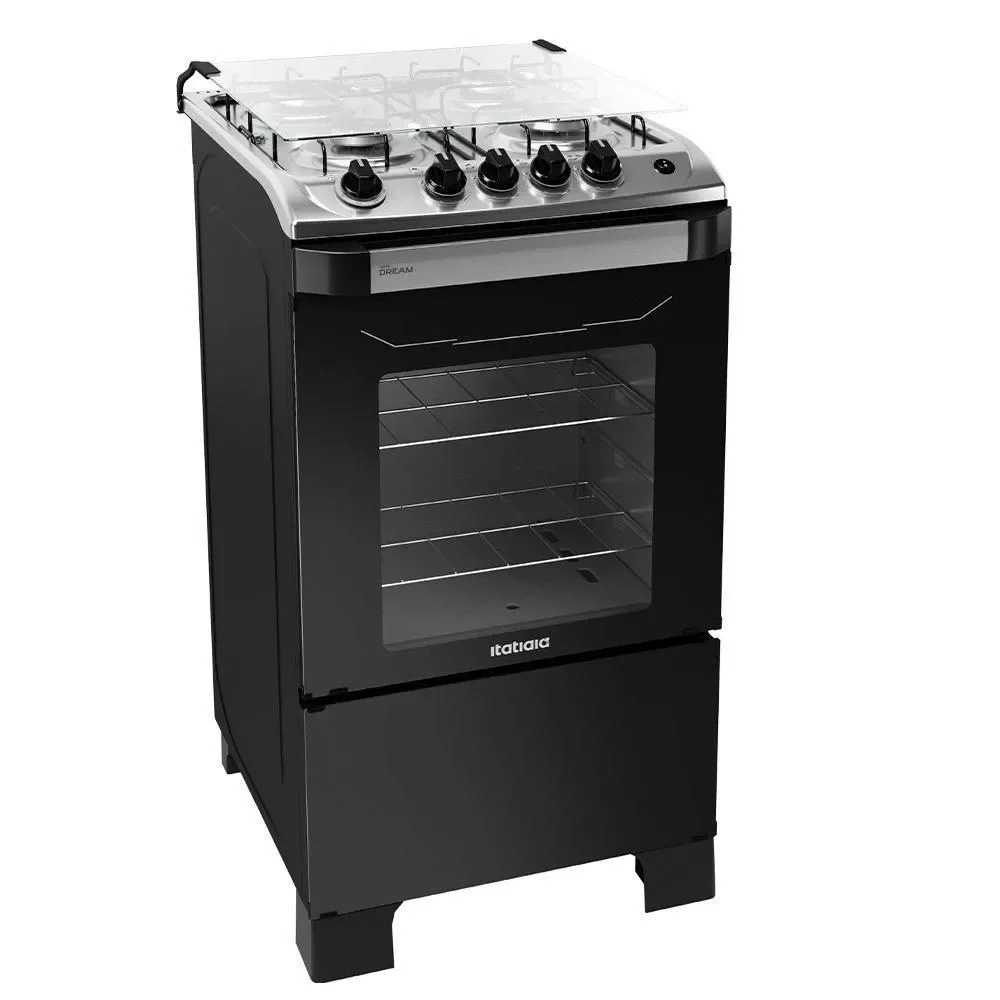 Fogão de Piso 4 Bocas a Gás Itatiaia New Dream com Acendimento Automático Preto com Forno com Luz