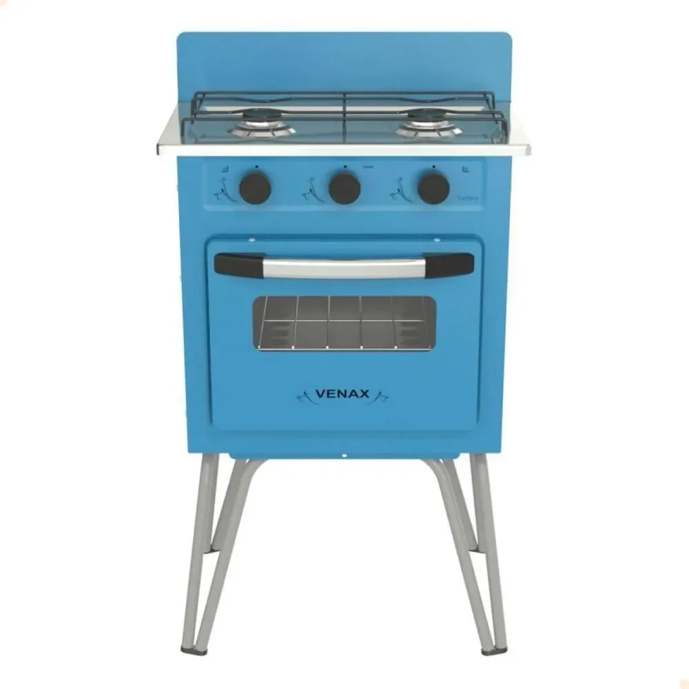 Fogão a Gás de Piso 2 Queimadores GLP Venax Gemini GLP 7507 Mesa de Vidro Temperado Azul Acendimento Manual