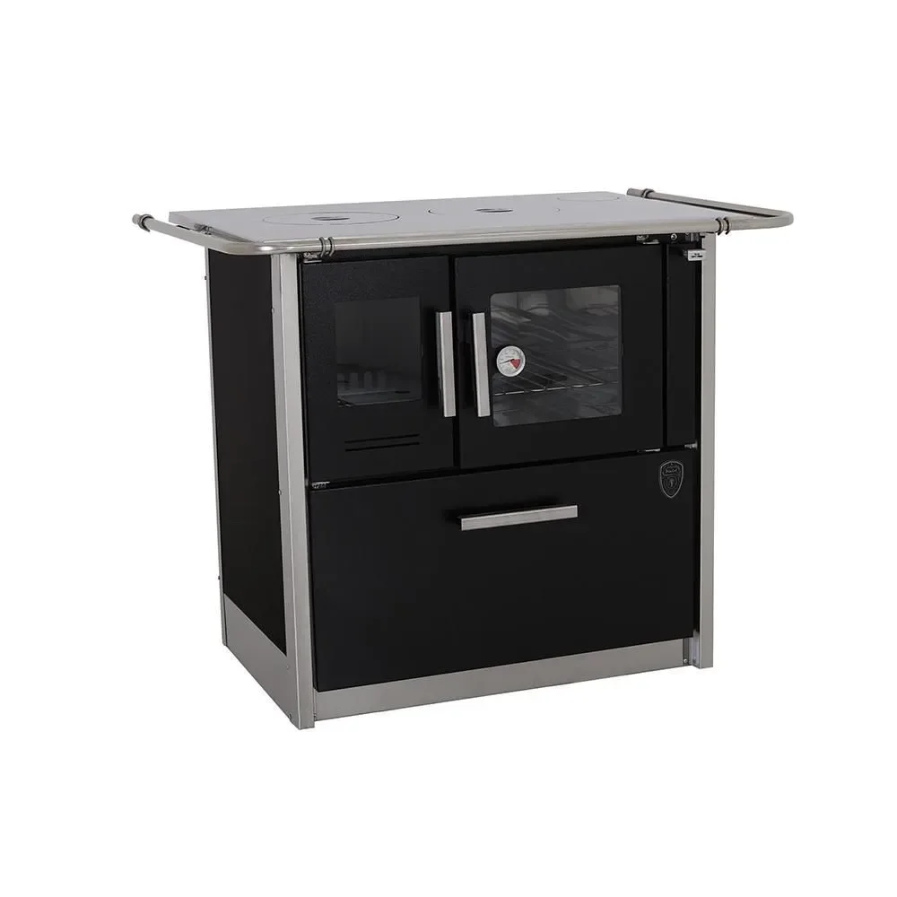 Fogão a Lenha Fornos Pinhal Eclipse Direito Preto Chapa Aluminio N2 com Forno Inox e Caixa