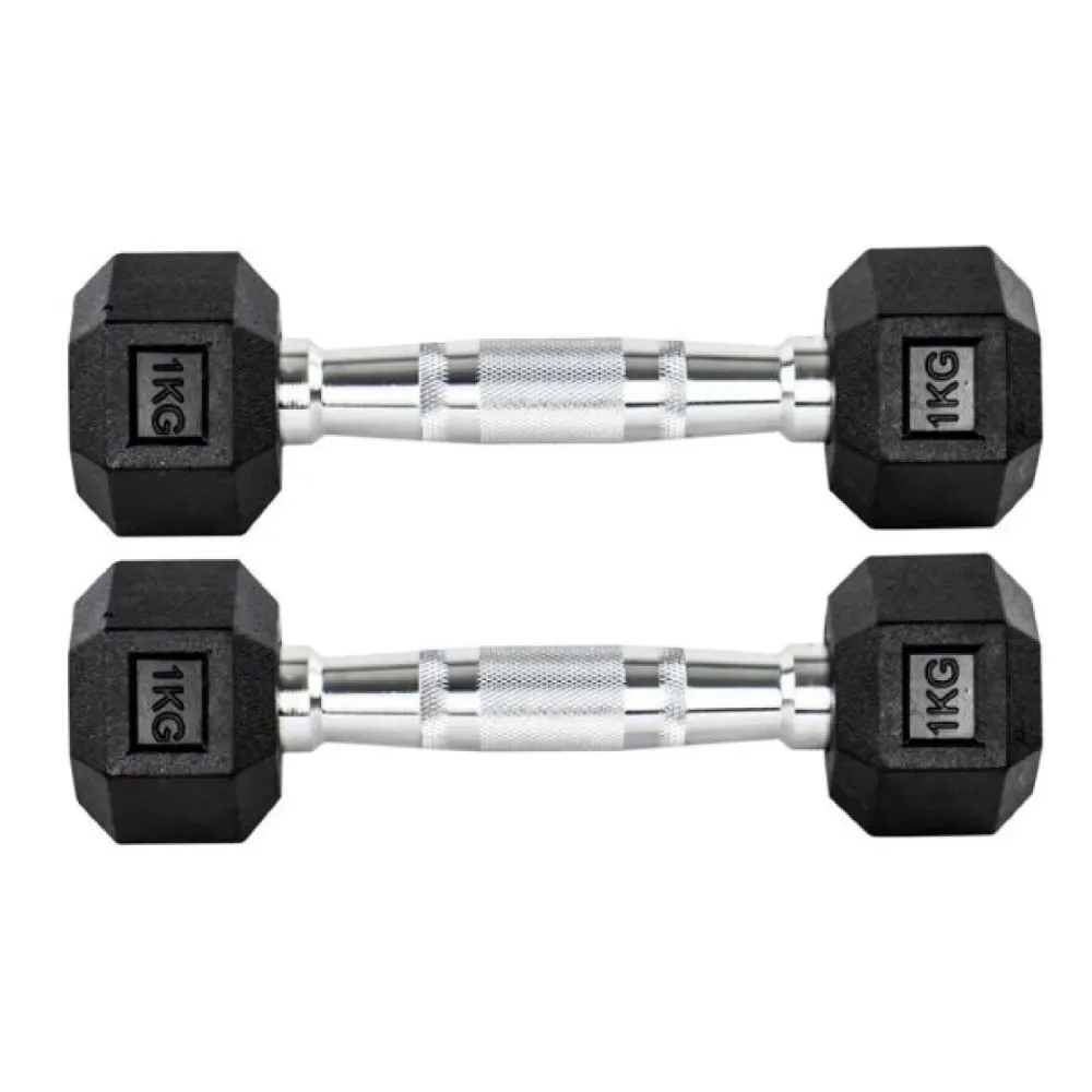 Par Halteres 1kg + 1kg Dumbbell Sextavado Emborrachado Pegada Cromada Gallant (GDb01F3B-Pt)
