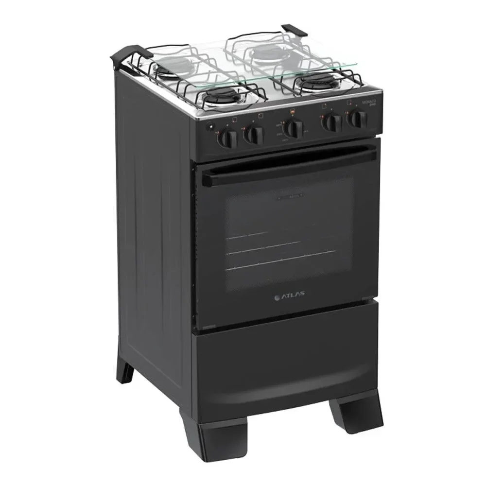 Fogão 4 Bocas Piso Atlas Monaco Plus Forno 48L Acendimento Automático Preto Bivolt