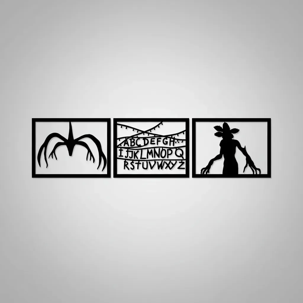 Kit 3 Quadros Painel Decorativo da Serie stranger things em MDF 3mm Preto com dupla face