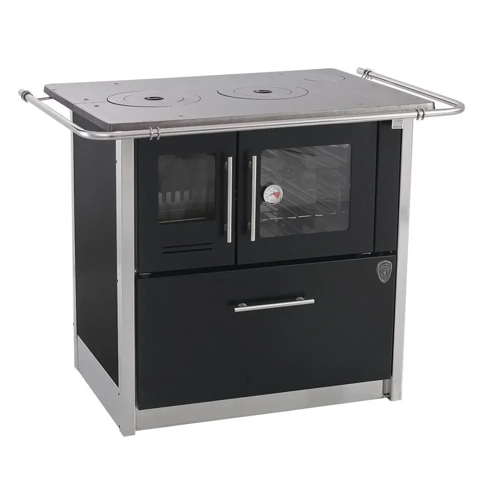 Fogão a Lenha Fornos Pinhal Eclipse Direito Preto Chapa Ferro Fundido N2 com Forno Inox