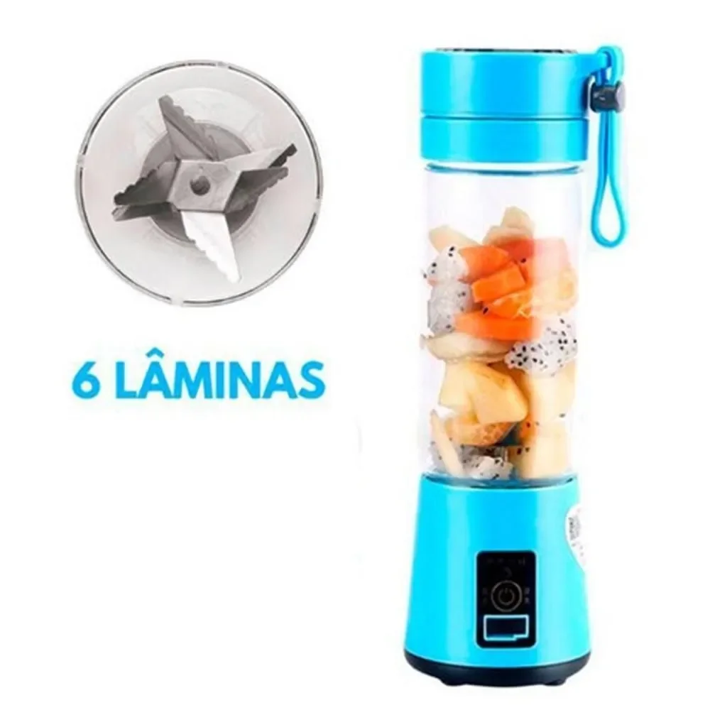 Mini Liquidificador Portátil Recarregável Via USB para Shake e Vitaminas 380ml Academia Azul