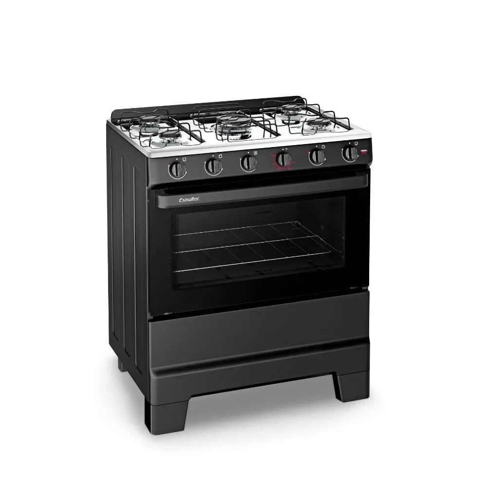 Fogão de Piso 5 Bocas a Gás Esmaltec Ideal Pop com Forno e Luz Interna Acendimento Manual Preto