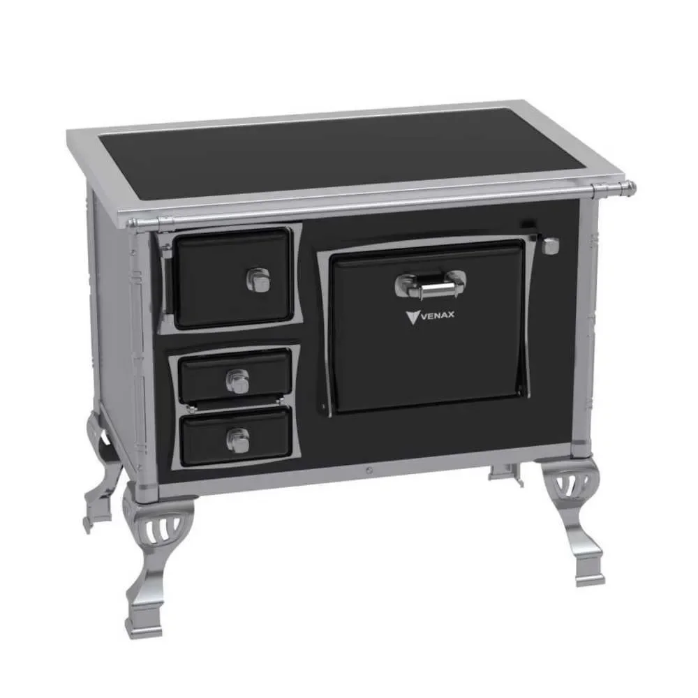 Fogão a Lenha 4 Bocas a Lenha Venax Premium GII com Chapa Vitrocerâmica Vidro Inox e Forno Preto