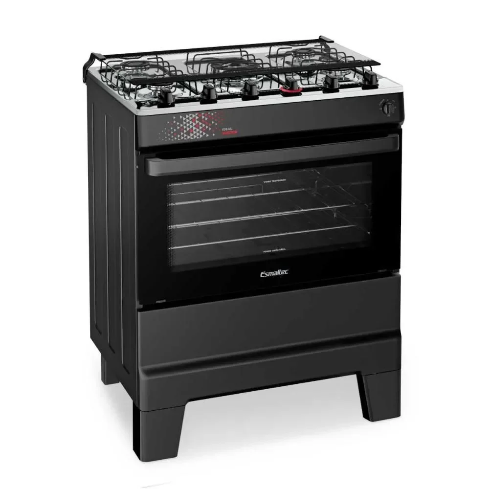 Fogão a Gás de Piso 5 Bocas Esmaltec Ideal Master Mesa Inox Acendimento Automático Preto Bivolt