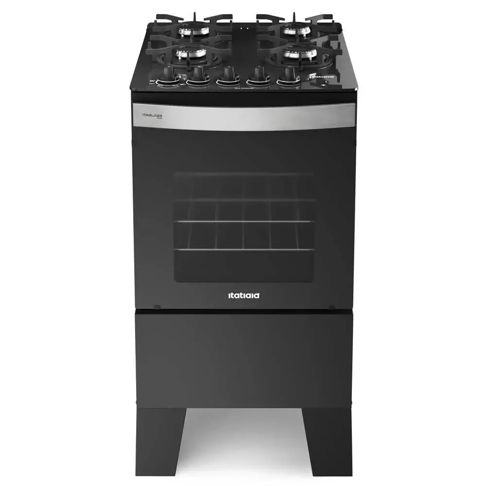 Fogão Piso 4 Bocas GLP Itatiaia Itaglass Plus Vidro Temperado Automático Preto Bivolt