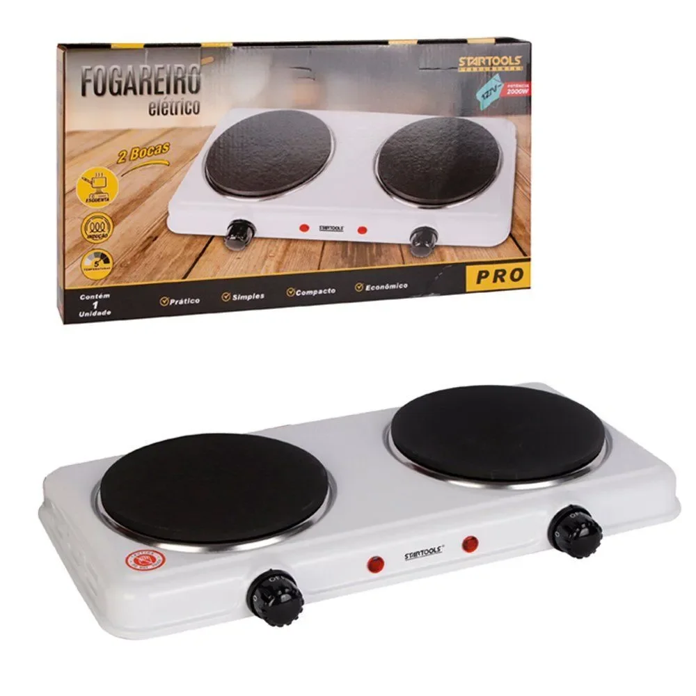 Fogareiro Elétrico Cooktop Fogão Elétrico Portátil 2 Bocas com Temperatura Ajustável Branco, Preto 110V